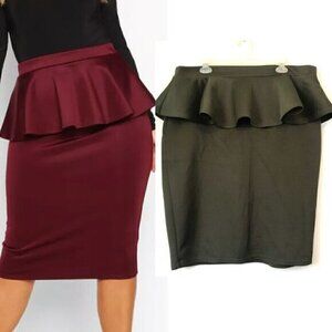 BOOHOO Plus Size Scuba Peplum Midi Skirt Solid Olive Green Ruffle Pencil Skirt